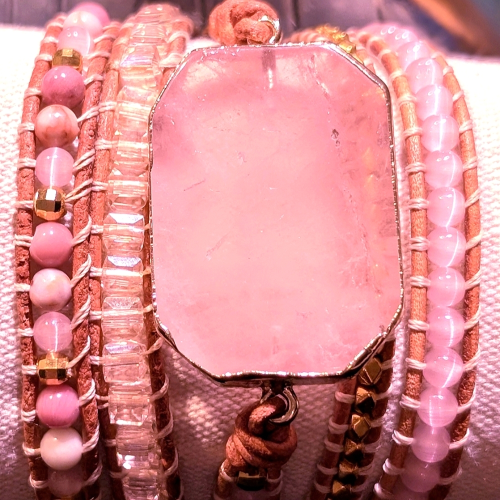 Gorgeous handmade rose quartz BoHo wrap bracelet